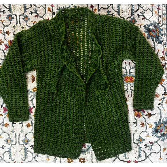 Handmade Sweaters - Vintage Handmade Granny Crochet Chunky Sweater Jacket Green
